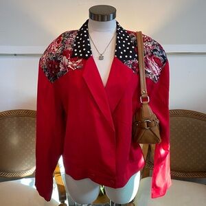 Vintage 1970s Retro Women's Red Blazer Jacket, Floral & Polka Dots, Size Medium
